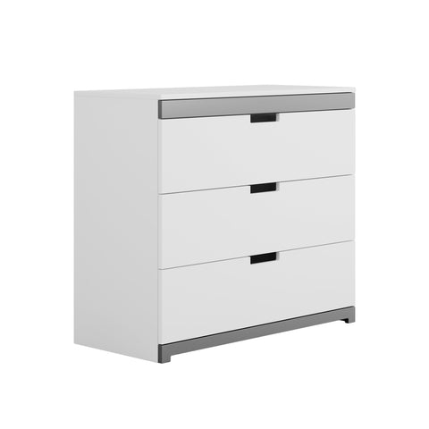 2. White chest of drawers with grey accents shown in a studio setting, highlighting its clean lines and modern design