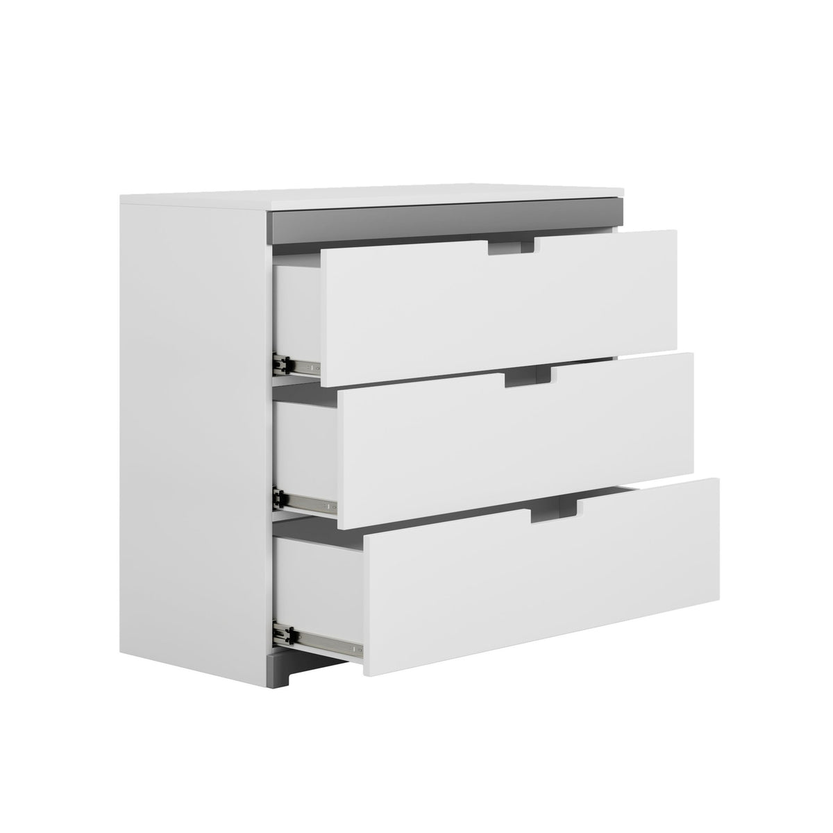 3. White chest of drawers with grey accents, all three drawers partially open, showcasing full-extension ball bearing slides