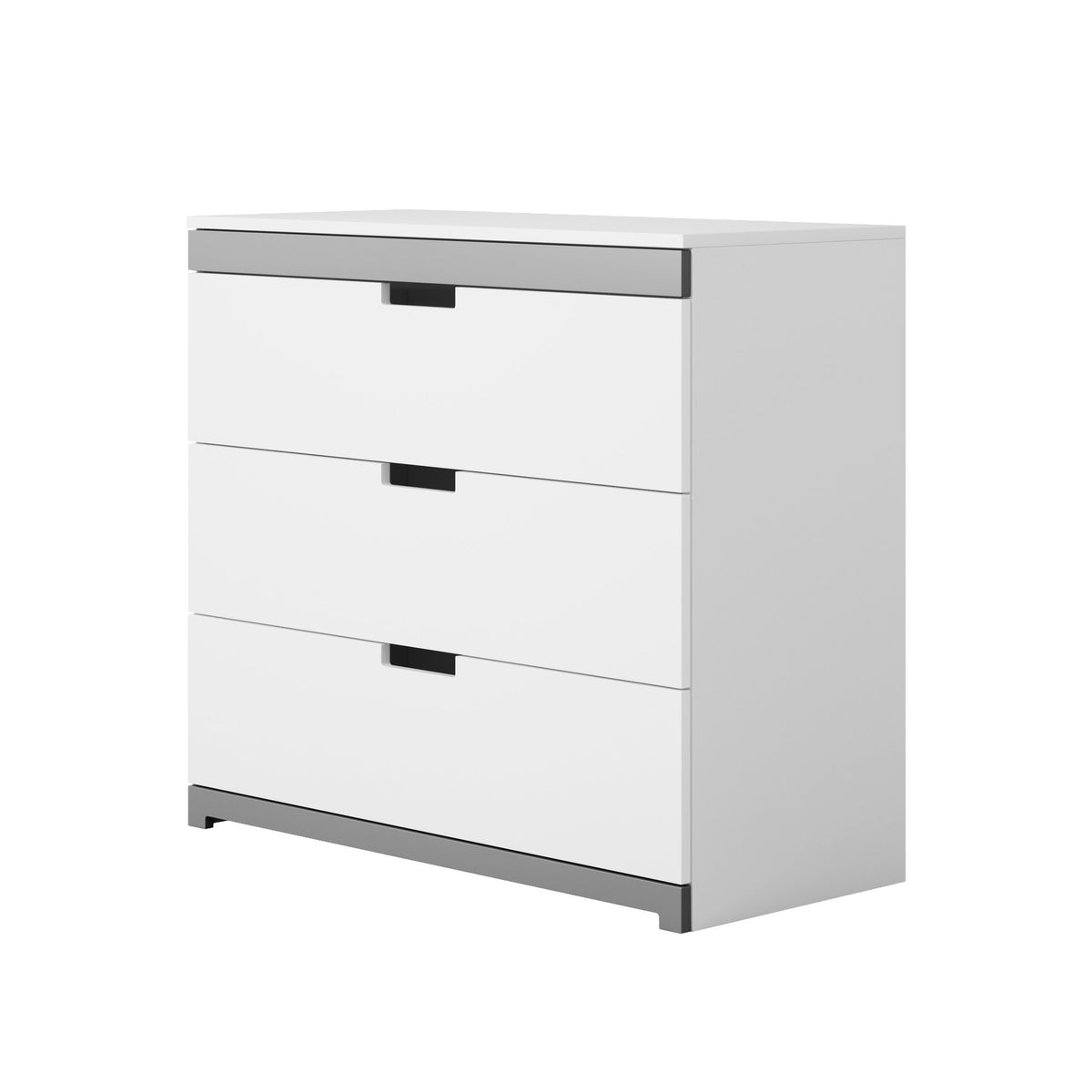 2. White chest of drawers with grey accents shown from an angle in a studio setting, emphasizing its modern design