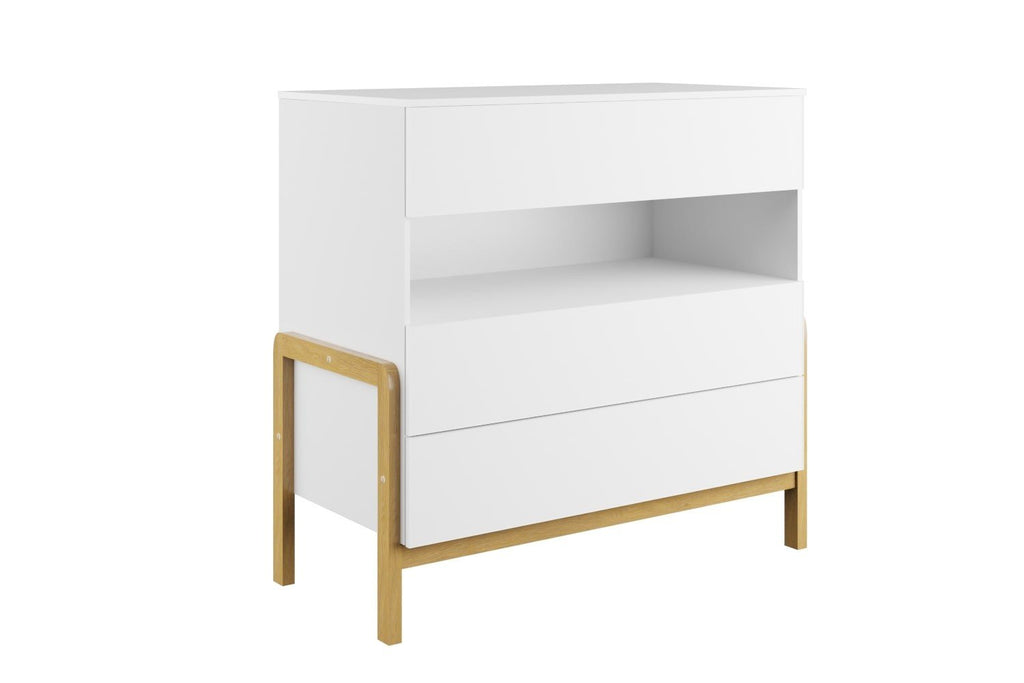 2. White Scandinavian-style chest of drawers with oak legs and open shelf, shown in studio setting