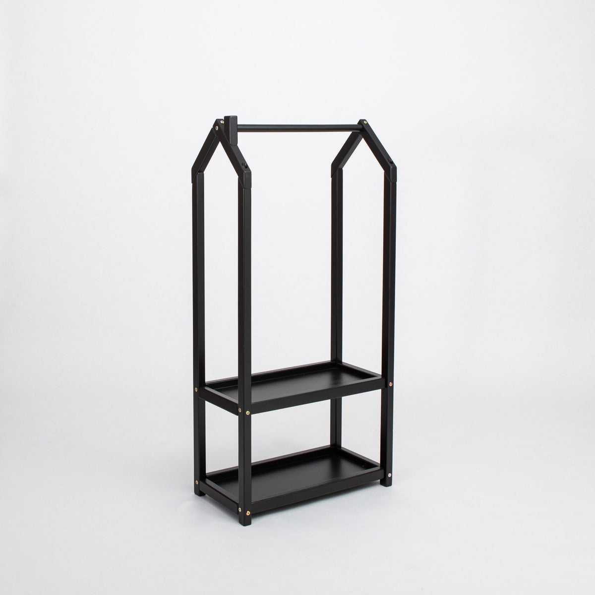 2. Black house-shaped clothing rack with two shelves on a white background