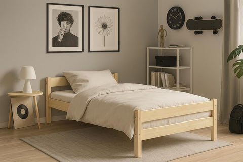 1. Children's bed made of natural pine wood in a modern bedroom with beige bedding, wooden side table, and decorative wall art.