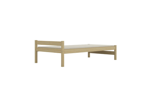 3. Side view of children's bed made from natural pine wood, highlighting the simple and sturdy construction.