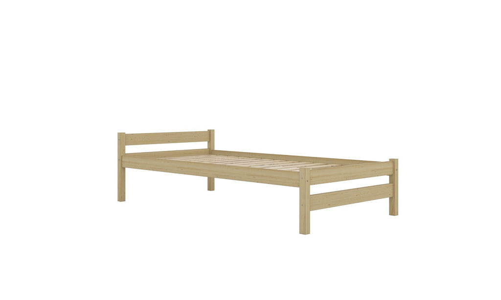 5. Studio shot of children's bed frame made from natural pine wood, showing slatted base and simple structure.