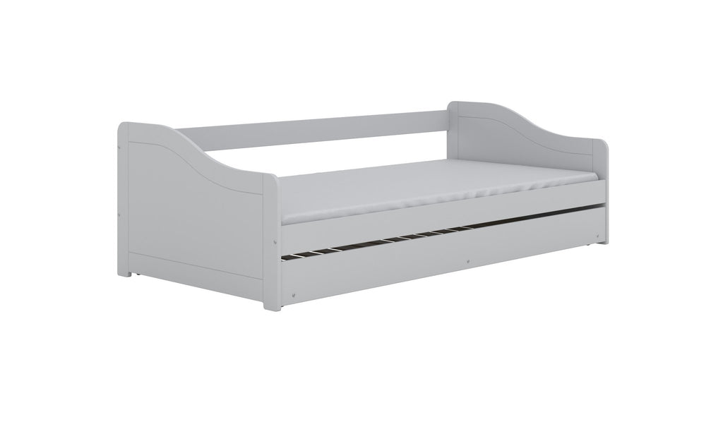 6. Angled view of children's white bed with sleek design in studio