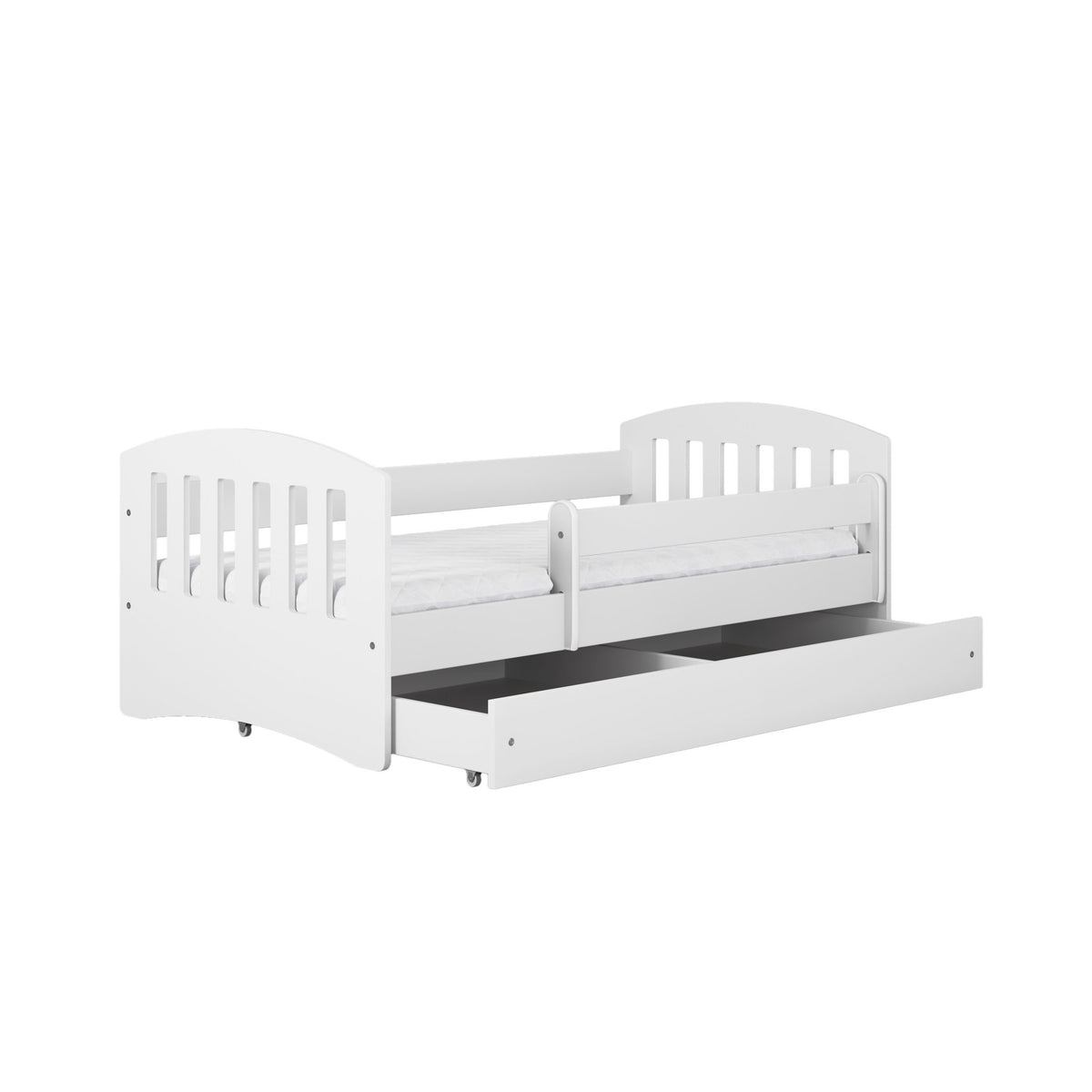 8. White children's bed with open storage drawer and guardrail in studio setting
