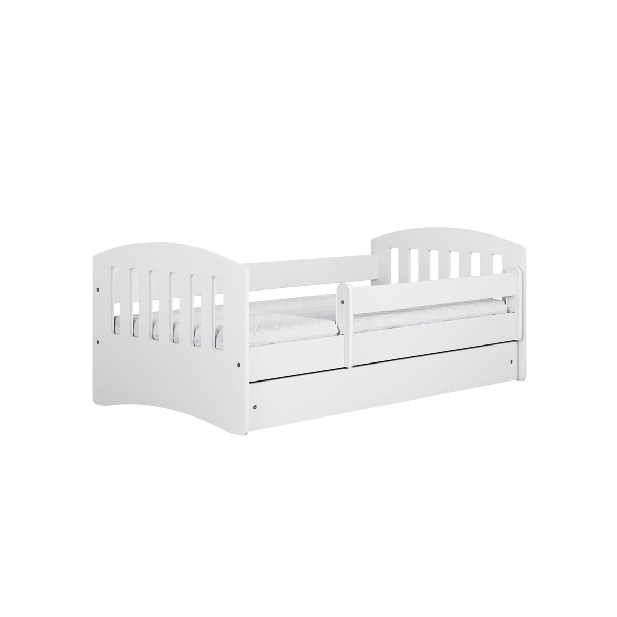 7. Side view of white children's bed with guardrail and storage drawer