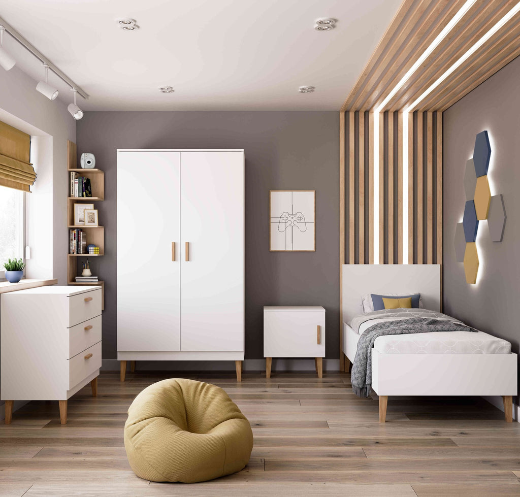 1. Stylish children's room with white Kubi bed, wardrobe, and chest of drawers, featuring wooden accents and geometric wall decor