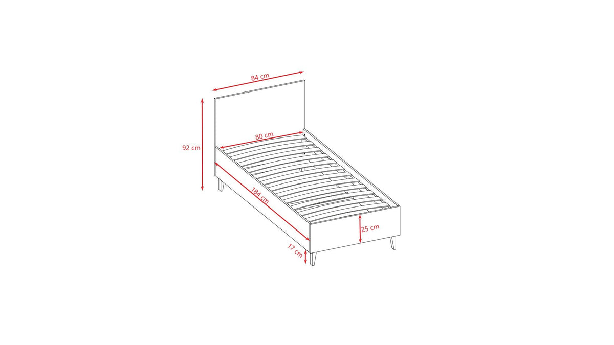 5. Size chart for Kubi children's bed showing dimensions and slat spacing