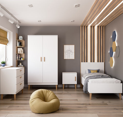 1. Scandinavian-style children's bedroom with white Kubi bed, wardrobe, and chest of drawers, featuring wooden accents and geometric wall decor