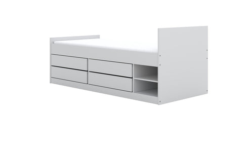 2. Studio shot of white children's Leon bed with four drawers and two shelves on a white background