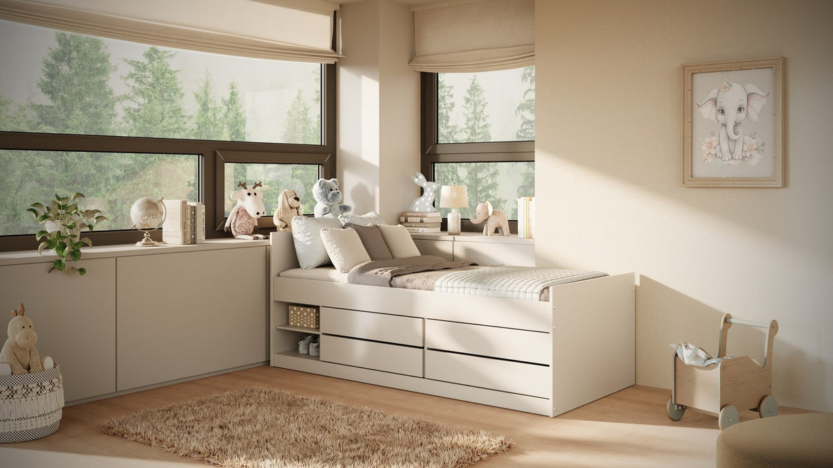 1. Children's white Leon bed with storage drawers and shelves in a cozy bedroom setting with plush toys and natural light
