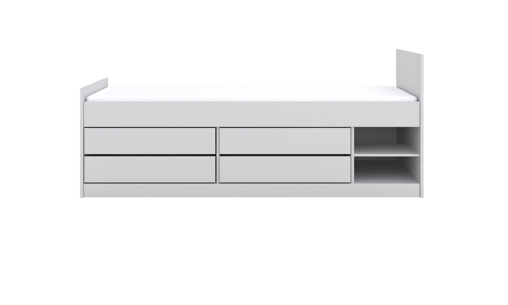 6. Front view of white children's Leon bed with storage drawers and shelves in studio setting