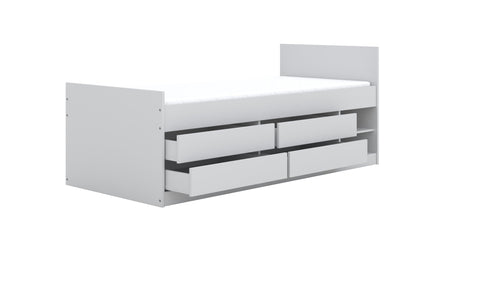 3. Side view of white children's Leon bed with open drawers and shelves showing storage capacity