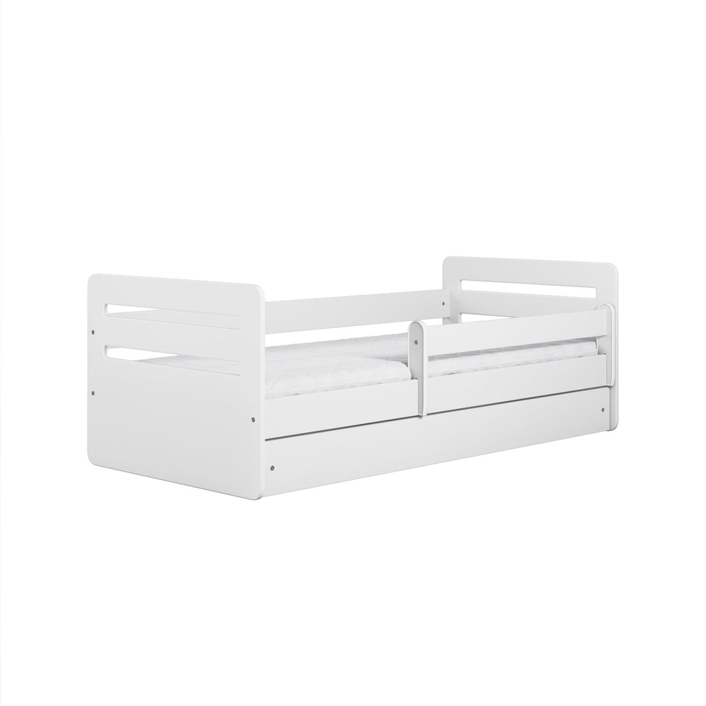 8. White children's bed with movable guardrail and storage drawer on a white background