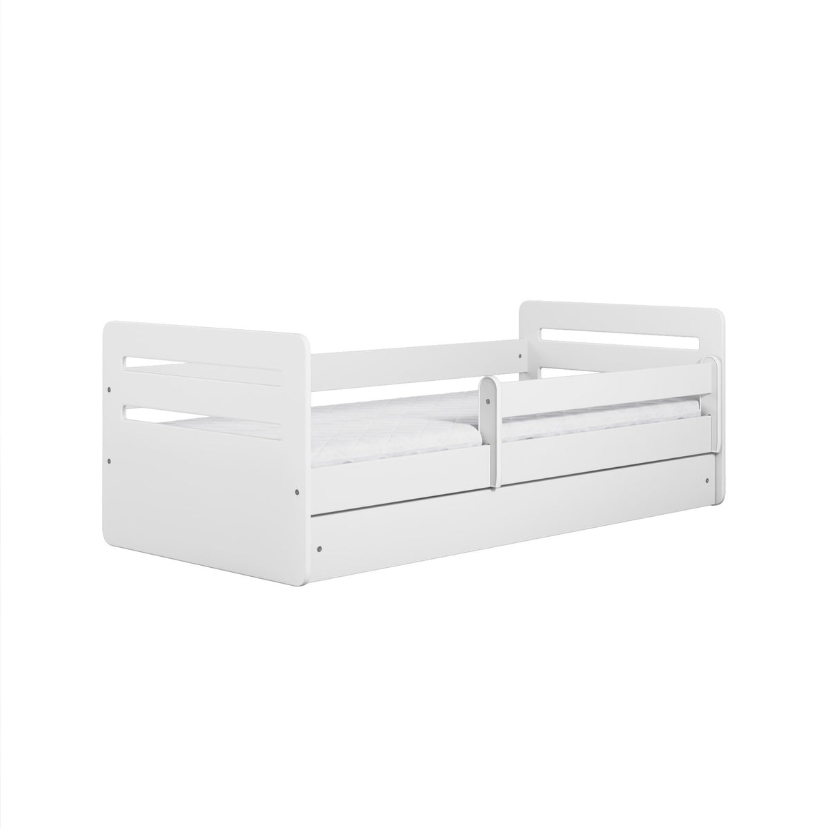 8. White children's bed with movable guardrail and storage drawer on a white background