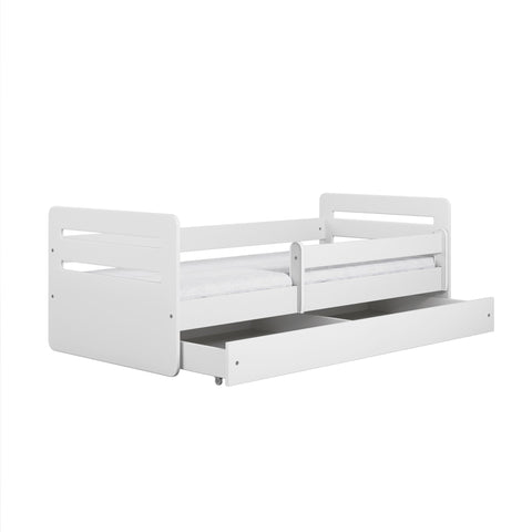 2. White children's bed with open storage drawer on a clean white background