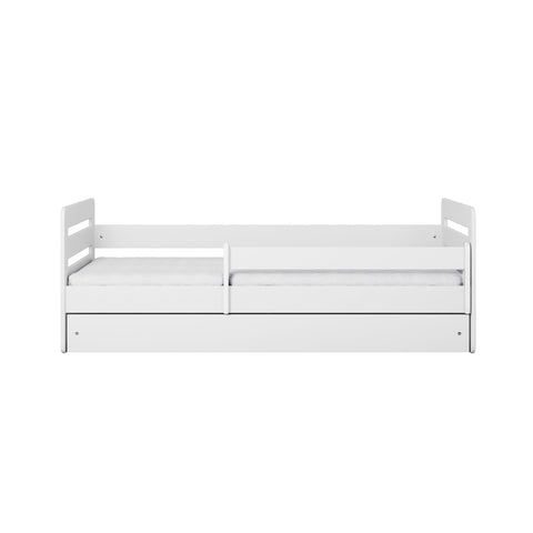 4. Front view of white children's bed with movable guardrail on a white background