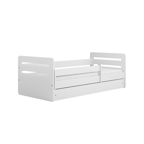 1. White children's bed with movable guardrail and storage drawer in a modern bedroom setting