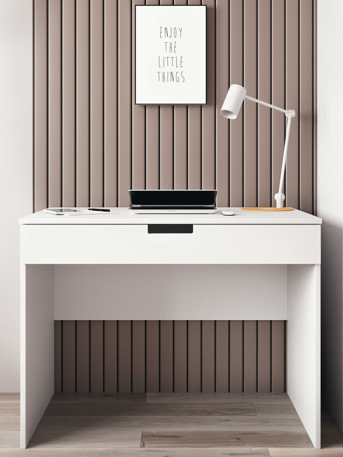 1. White children's desk with a lamp and laptop in a modern room setting, featuring a decorative wall and framed quote