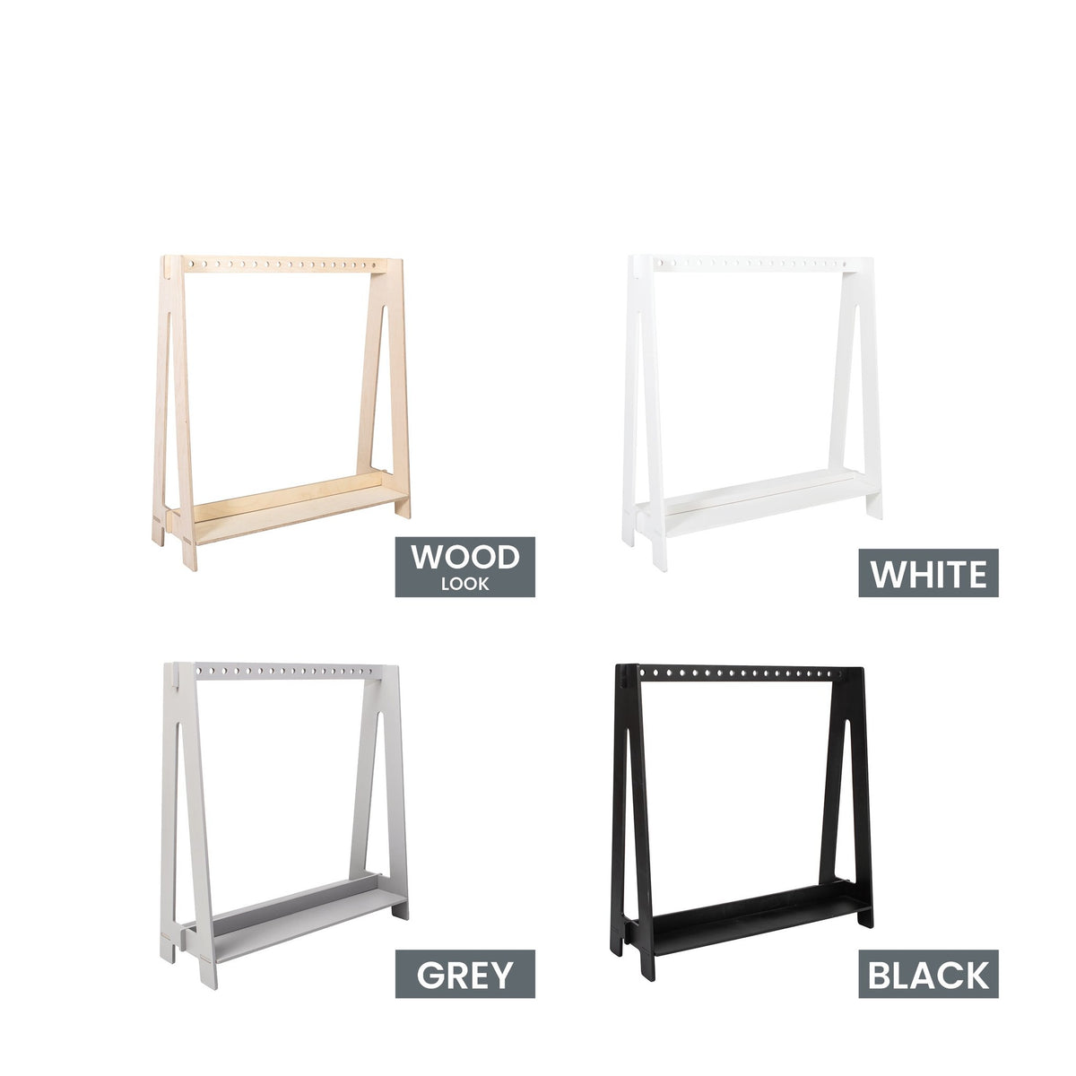 11. Toddler clothing racks in wood, white, grey, and black on a white background