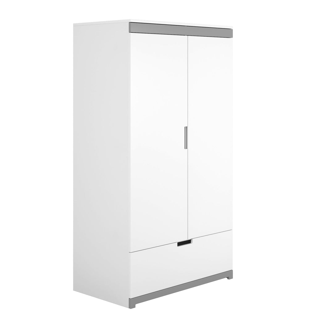 2. Angled view of Kocot Kids Tomi children's wardrobe in white with grey accents, showing side and front design