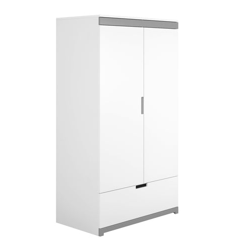 2. Angled view of Kocot Kids Tomi children's wardrobe in white with grey accents, showing side and front design