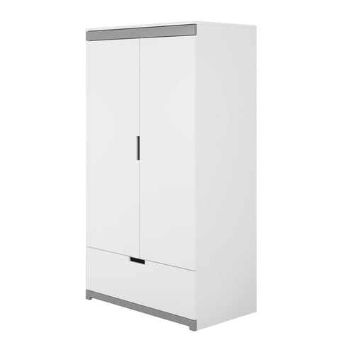 3. Side view of Kocot Kids Tomi children's wardrobe in white with grey accents, highlighting its sleek design
