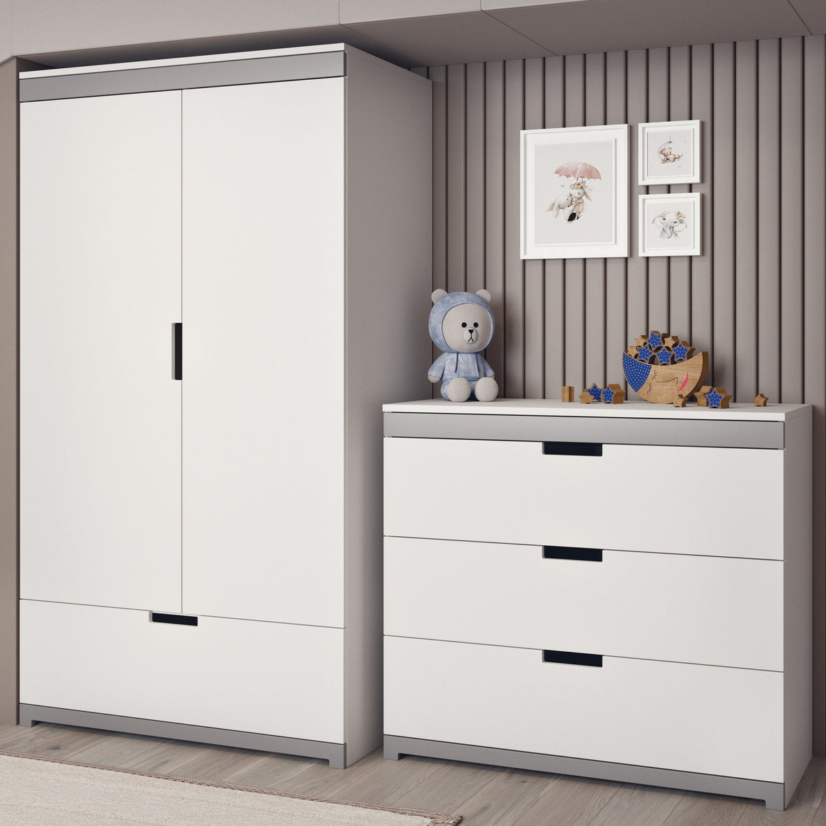 8. Kocot Kids Tomi wardrobe and dresser in a children's room with decorative items, white with grey accents