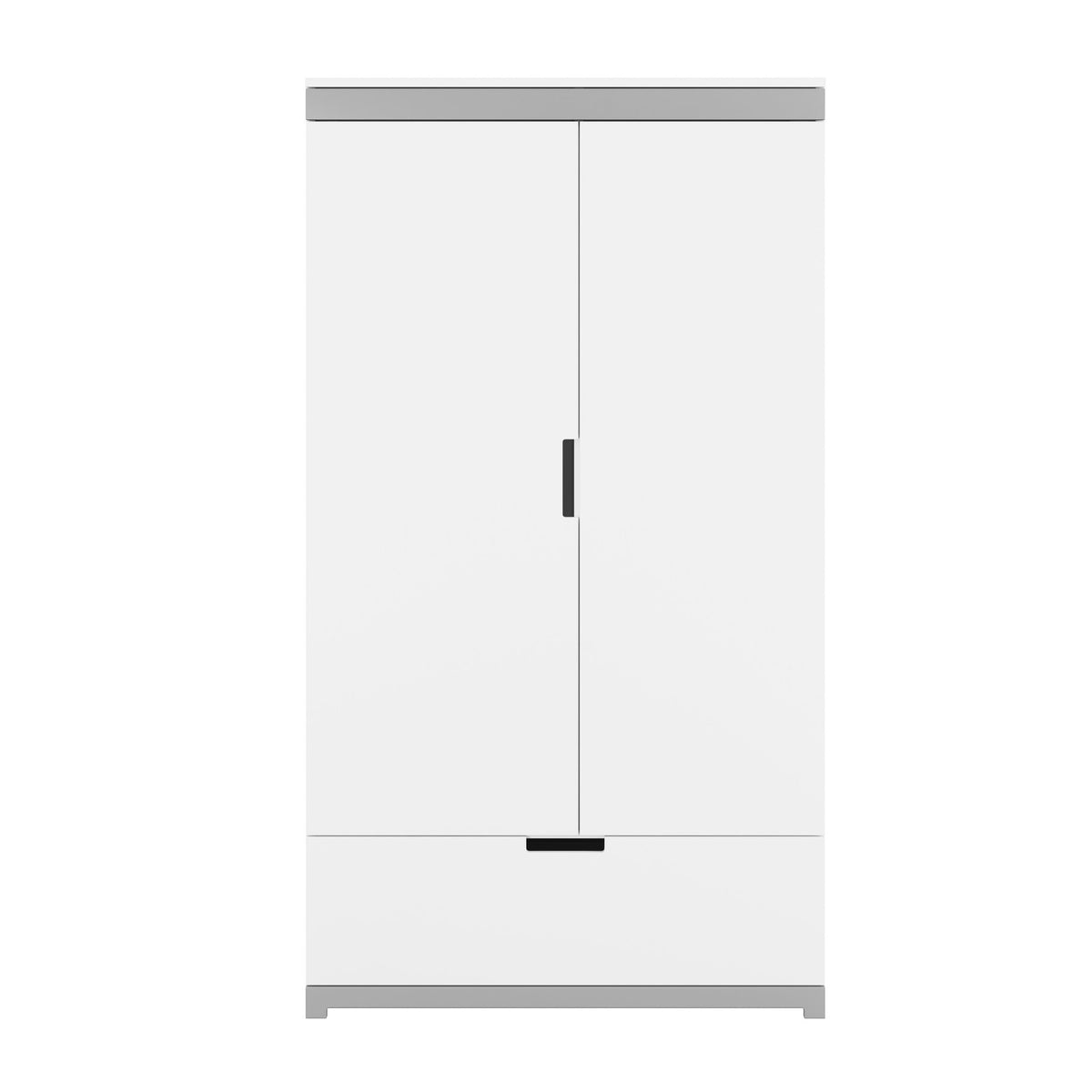 1. Front view of Kocot Kids Tomi children's wardrobe in white with grey accents, featuring clean lines and a minimalist design