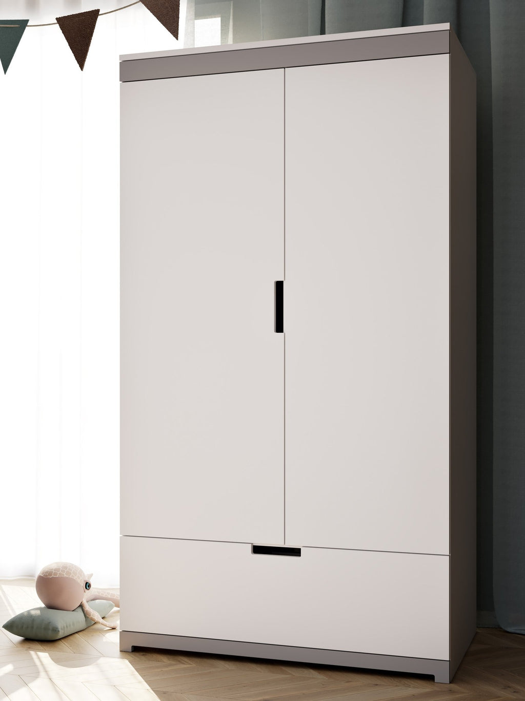 4. Kocot Kids Tomi children's wardrobe in a cozy room setting with natural light, white with grey accents
