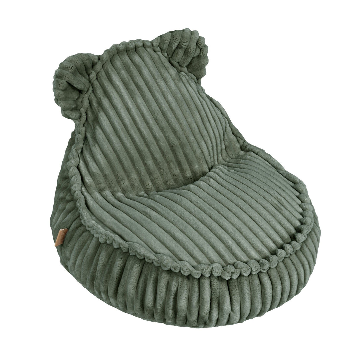 2. Olive green MeowBaby Churros Sako Bag with ribbed texture and teddy bear ear design, shown in studio setting highlighting plush material and cozy shape
