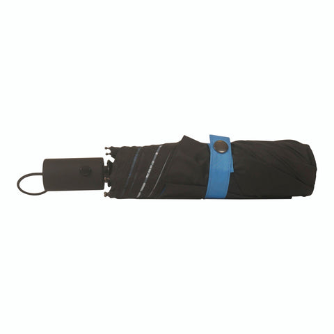 5. City umbrella folded with black exterior and blue strap, showcasing compact and convenient design