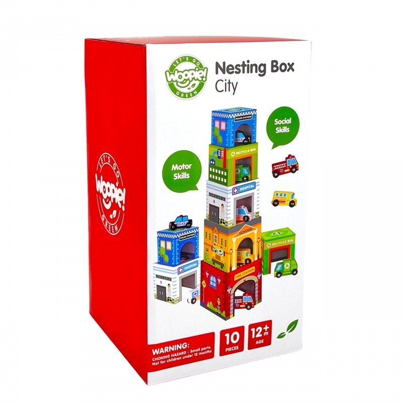 12. Packaging of Woopie Let's Go Green city-themed puzzle cubes with motor and social skills icons