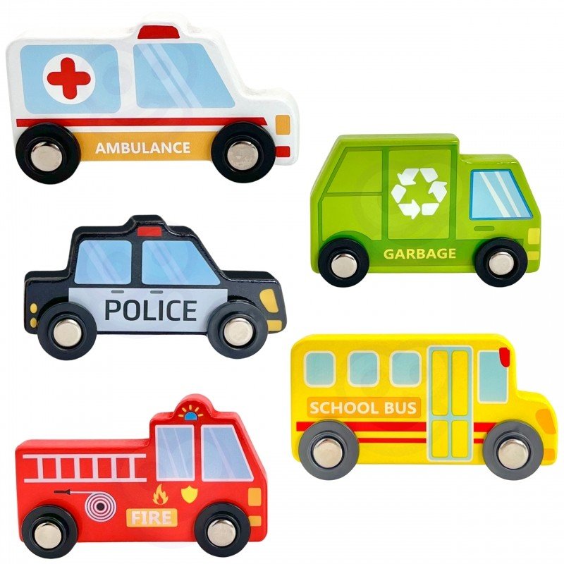 13. Set of five colorful wooden vehicles including ambulance, garbage truck, and school bus