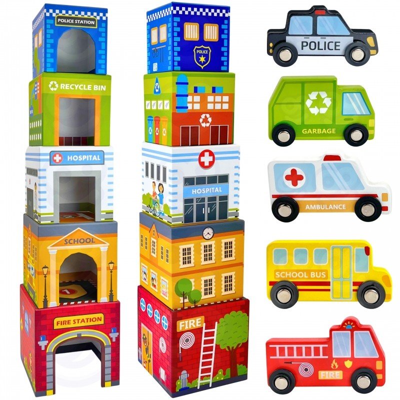 14. Colorful city-themed puzzle cubes stacked with wooden vehicles including police car and fire truck