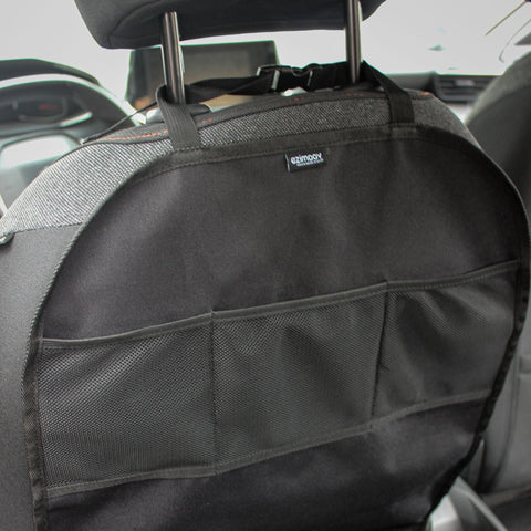 2. Ezimoov car seat organizer attached to car seat backrest with visible mesh pockets
