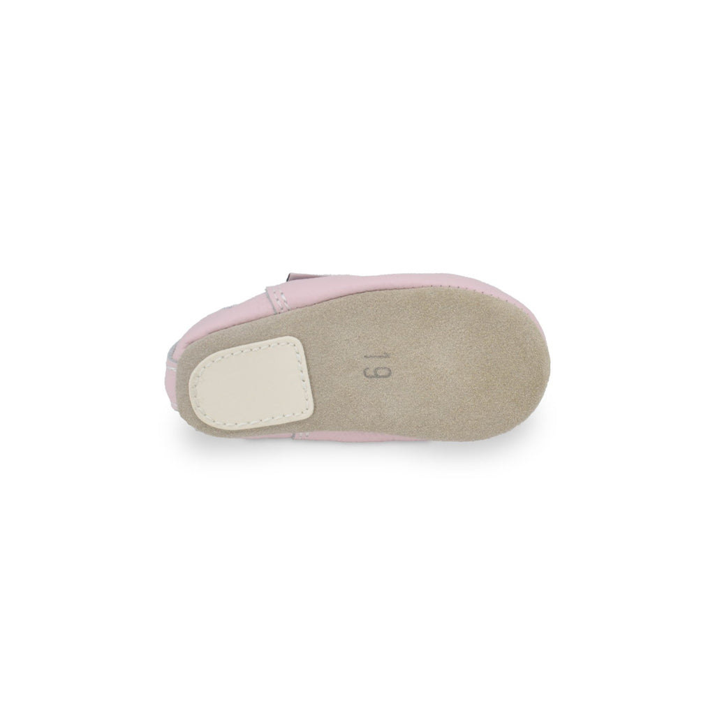 3. Bottom view of kids' pink leather slipper by Hip-Hop showing non-slip rubber patch and size 19