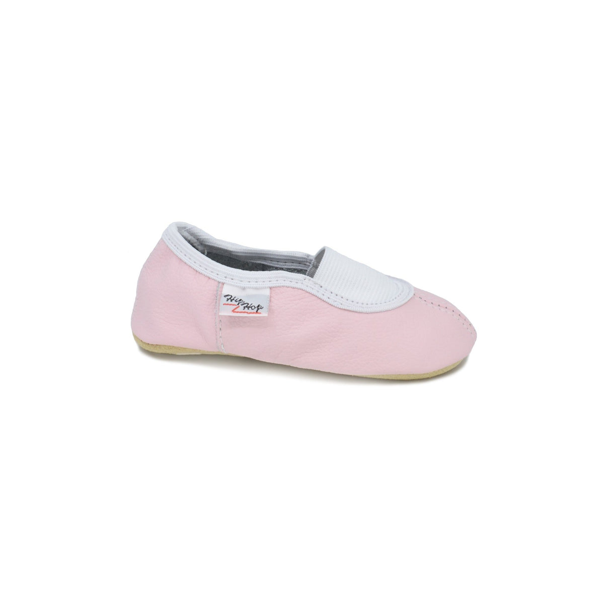 1. Kids' pink leather slipper by Hip-Hop with elastic band, side view in studio