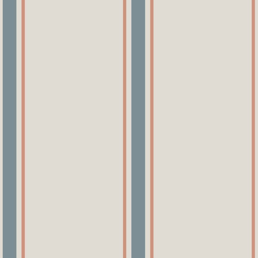 2. Close-up of classic stripes wallpaper with linen beige, soft blue, and muted red vertical stripes