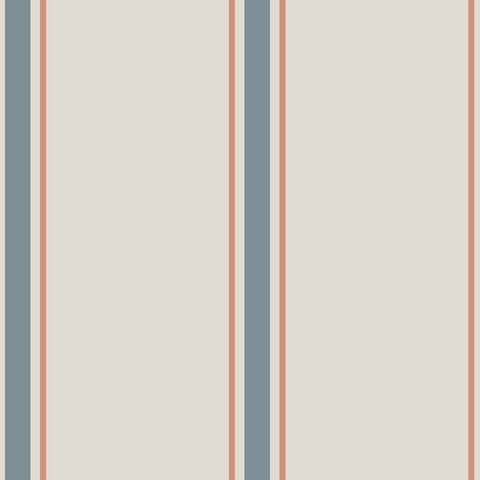 2. Close-up of classic stripes wallpaper with linen beige, soft blue, and muted red vertical stripes