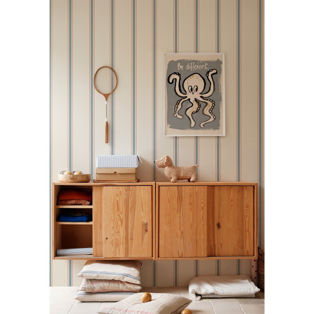 1. Room with classic stripes wallpaper in linen beige, soft blue, and muted red, featuring wooden cabinets and decor items like a racket and octopus poster
