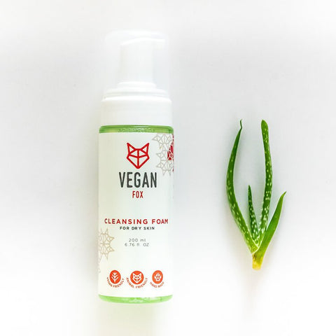 1. Vegan Fox Cleansing Foam for Dry Skin, 200 ml, with aloe leaf, shown in a bright setting