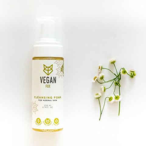 1. Vegan Fox Cleansing Foam for Normal Skin, 200 ml, with chamomile flowers, shown in a flat lay