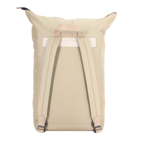 2. Back view of Noel Cliff 25L beige backpack showing adjustable straps, studio setting