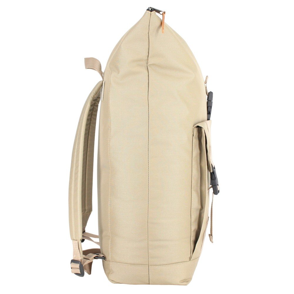 3. Side view of Noel Cliff 25L beige backpack highlighting spacious design, studio shot