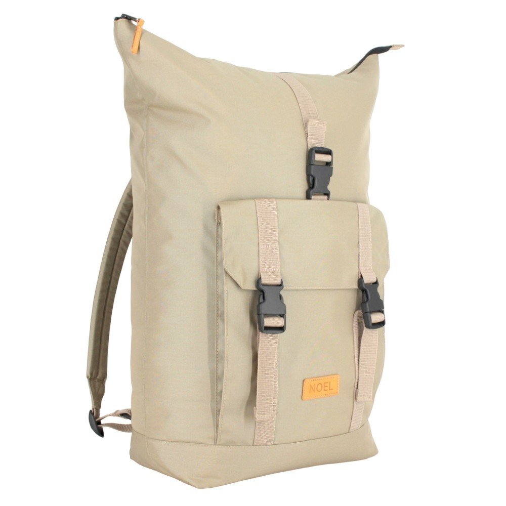 4. Angled view of Noel Cliff 25L beige backpack with front pocket and logo, studio setting