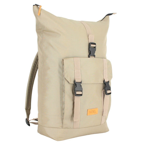 4. Angled view of Noel Cliff 25L beige backpack with front pocket and logo, studio setting