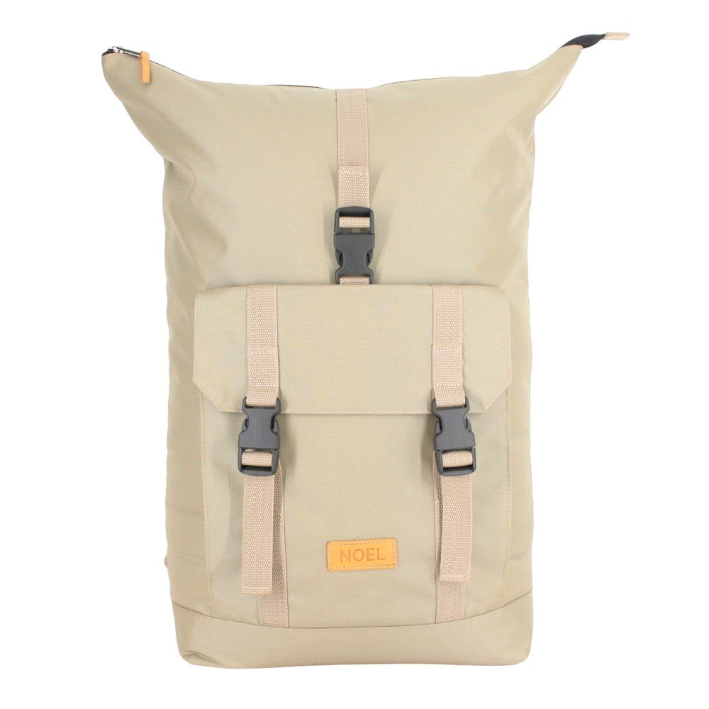 6. Front view of Noel Cliff 25L beige backpack with top buckle and logo, studio setting