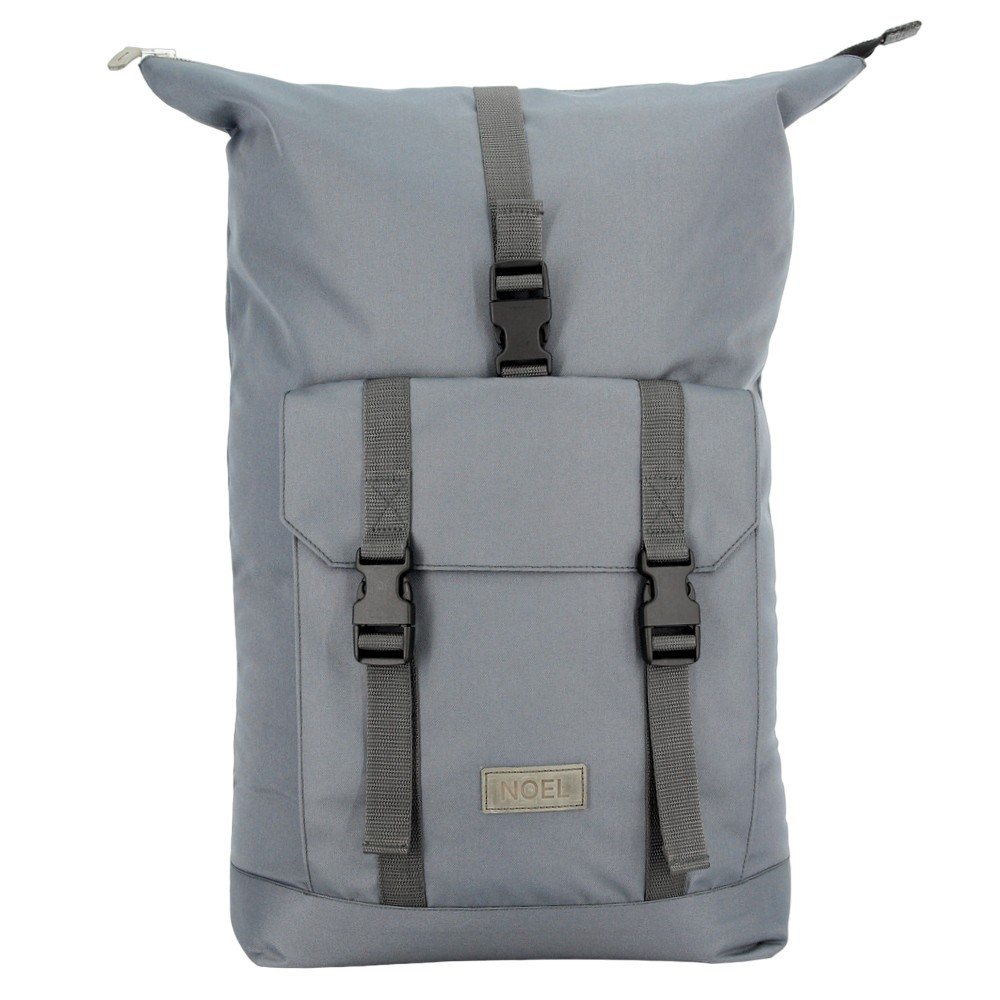 7. Front view of Noel Cliff 25L light grey backpack with buckle closure and Noel branding